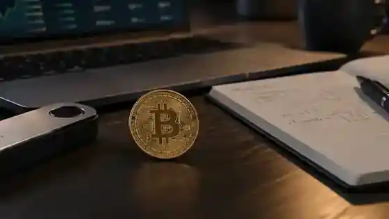 Hardware wallet, Bitcoin token, and notebook arranged on a desk as a custody concept