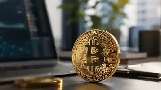 Physical Bitcoin token on a desk beside a softly blurred computer