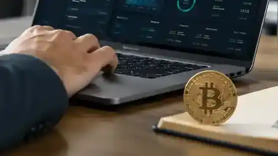 Hands at a laptop keyboard with a Bitcoin token and notebook on the desk