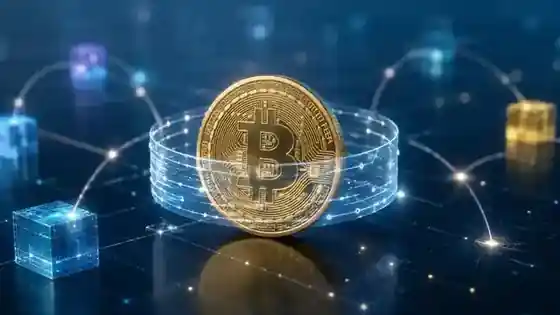 Bitcoin token surrounded by an abstract cross-chain network visualization